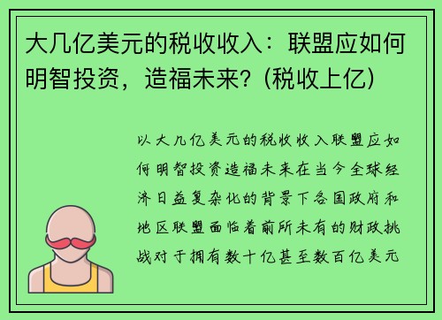 大几亿美元的税收收入：联盟应如何明智投资，造福未来？(税收上亿)