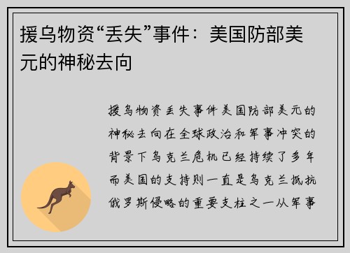 援乌物资“丢失”事件：美国防部美元的神秘去向