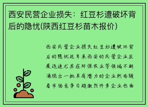 西安民营企业损失：红豆杉遭破坏背后的隐忧(陕西红豆杉苗木报价)