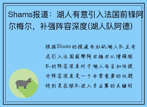 Shams报道：湖人有意引入法国前锋阿尔梅尔，补强阵容深度(湖人队阿德)