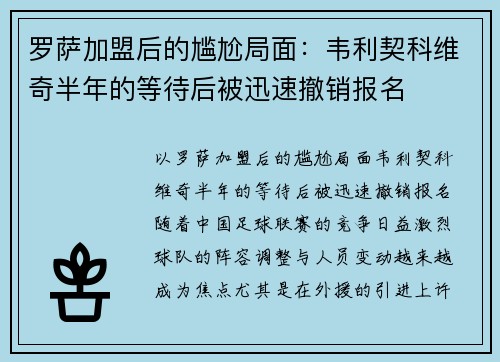 罗萨加盟后的尴尬局面：韦利契科维奇半年的等待后被迅速撤销报名