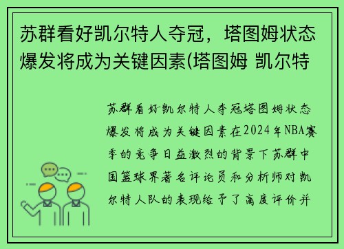 苏群看好凯尔特人夺冠，塔图姆状态爆发将成为关键因素(塔图姆 凯尔特人)