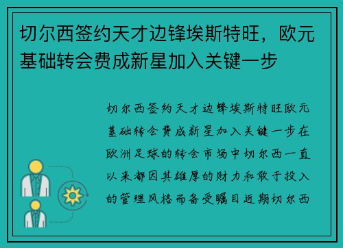 切尔西签约天才边锋埃斯特旺，欧元基础转会费成新星加入关键一步