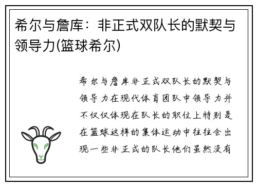 希尔与詹库：非正式双队长的默契与领导力(篮球希尔)