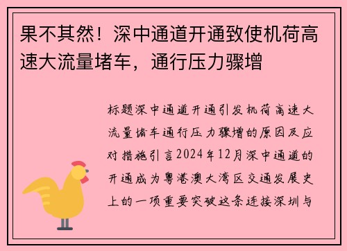 果不其然！深中通道开通致使机荷高速大流量堵车，通行压力骤增