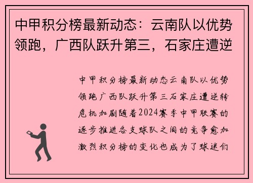 中甲积分榜最新动态：云南队以优势领跑，广西队跃升第三，石家庄遭逆转危机加剧