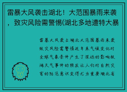 雷暴大风袭击湖北！大范围暴雨来袭，致灾风险需警惕(湖北多地遭特大暴雨)