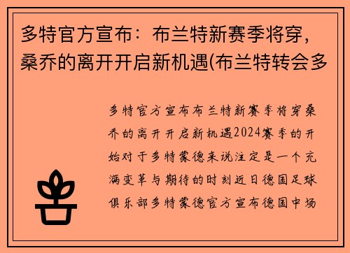 多特官方宣布：布兰特新赛季将穿，桑乔的离开开启新机遇(布兰特转会多特蒙德)
