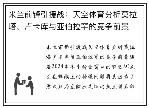 米兰前锋引援战：天空体育分析莫拉塔、卢卡库与亚伯拉罕的竞争前景